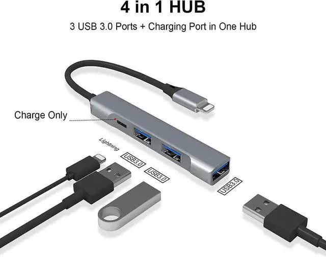 Alt view image 3 of 4 - Lightning to USB Hub [Apple MFi Certified] 4-in-1 USB OTG Hub with 3 USB 3.0 Port and Fast Charging Port for iPhone/iPad Compatible with USB Microphones/USB Flash Drive/Keyboard/Mouse/USB Sound Card