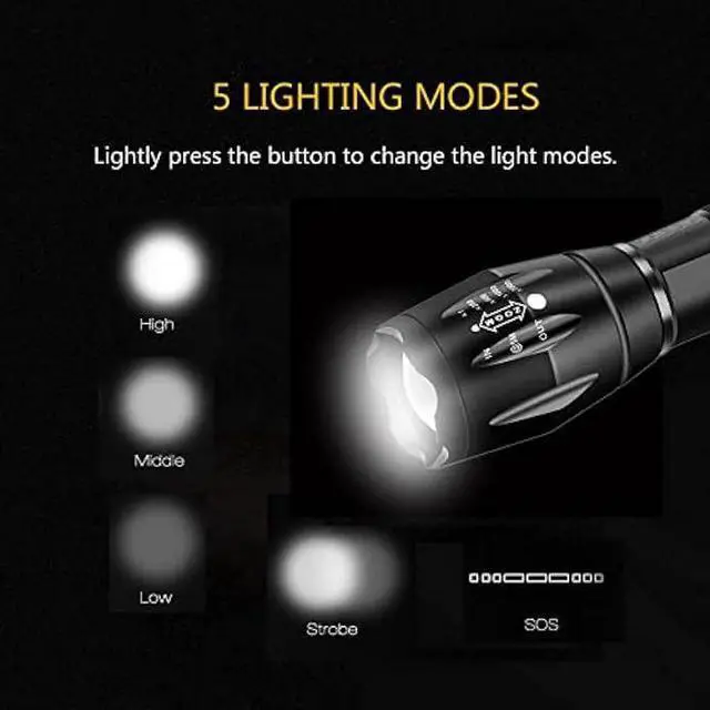 Alt view image 4 of 4 - Military Grade Flashlight 3000 Lumen 5 Modes Water Resistant LED Tactical Torch Flash Light, 2 Pack