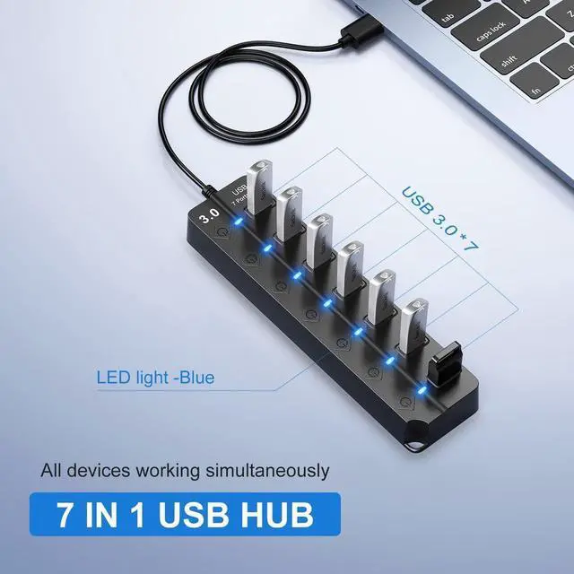 Alt view image 2 of 4 - USB Hub 3.0, 7-Port USB Hub Splitter with Individual On/Off Switches and Lights, 3.2ft/1m Long Cable Compatible with MacBook, Laptop, Surface Pro, PS4, PC, Flash Drive, Mobile HDD