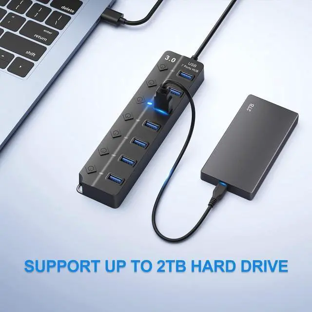 Alt view image 4 of 4 - USB Hub 3.0, 7-Port USB Hub Splitter with Individual On/Off Switches and Lights, 3.2ft/1m Long Cable Compatible with MacBook, Laptop, Surface Pro, PS4, PC, Flash Drive, Mobile HDD
