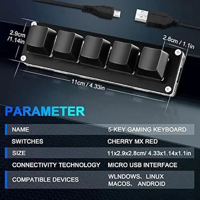 Alt view image 3 of 4 - Ecarke Upgrade Black 5 Keys Mini Macro Mechanical Keyboard Gaming Keypad Hot Swap Game Keyboards USB Data Cable for Windows Mac OSU HID Standard Keyboard Cherry Shaft & RGB LED