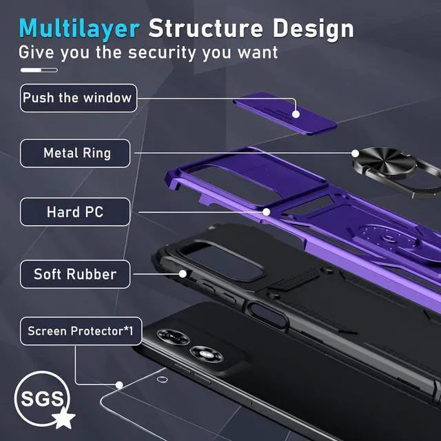 Alt view image 4 of 4 - Janmitta Compatible with Moto G Play 2024 Case Built in Slide Camera Lens Cover+Screen Protector+Ring Holder,Heavy Duty Shockproof Full Body Protective Phone Cover,Purple