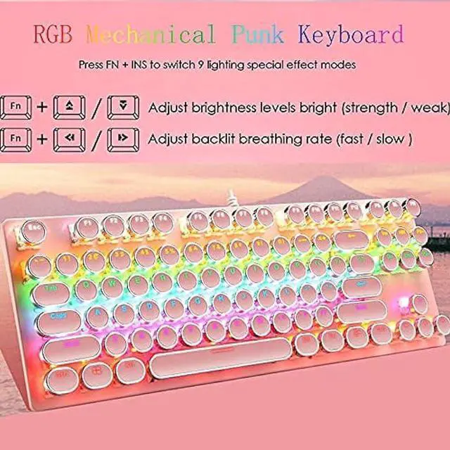 Alt view image 2 of 4 - Ltvystore Mechanical Gaming Pink Keyboard,87 Key Retro Punk Typewriter-Style,Blue Switch RGB Backlit Keyboard,Anti-Ghosting, USB Wired, for PC Laptop Desktop Computer, for Game and Office