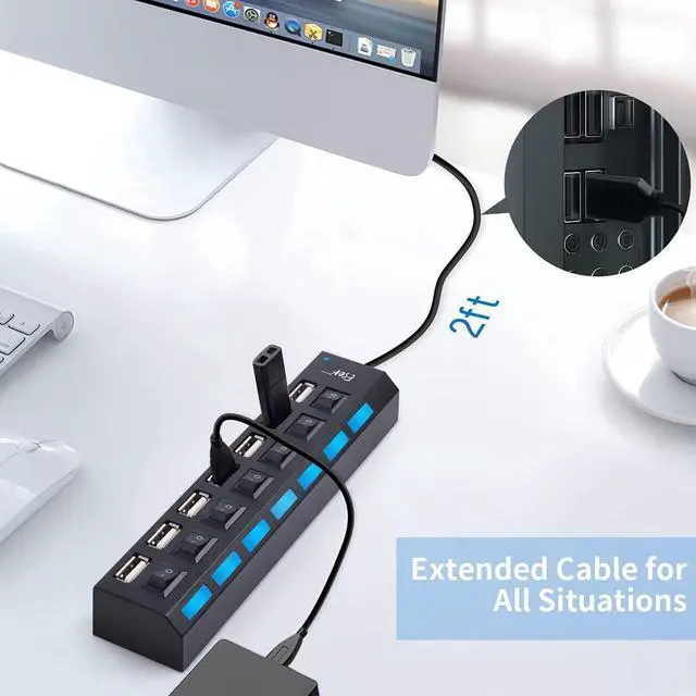 Alt view image 2 of 4 - 7-Port USB Hub USB 2.0 Hub Data Transfer with Individual Switches Indicator Lights for PC Laptop