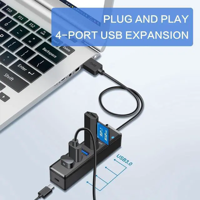 Alt view image 2 of 4 - SmartQ H302A 4-Port USB 3.0 Hub,with 2 ft Extended Cable Transfer USB Splitter for Laptop, Compatible with Windows PC, Mac, Printer, Mobile HDD (2 ft)