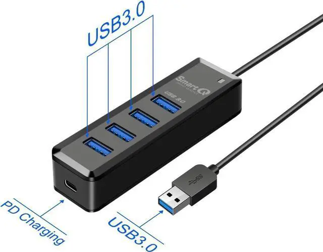 Main image of SmartQ H302A 4-Port USB 3.0 Hub,with 2 ft Extended Cable Transfer USB Splitter for Laptop, Compatible with Windows PC, Mac, Printer, Mobile HDD (2 ft)