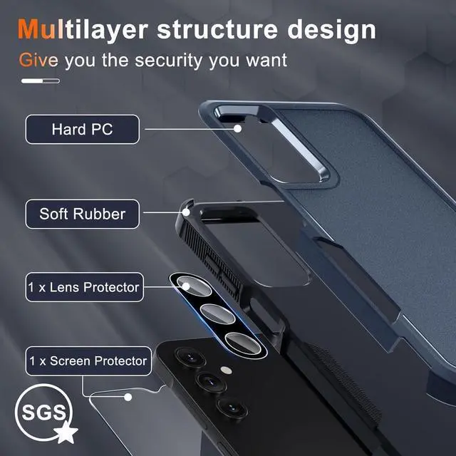 Alt view image 4 of 4 - for Samsung Galaxy A15 5G Case, Full Body Heavy Duty Rugged Shockproof Protective Phone Cover with Lanyard Strap, Tempered Glass Screen Protector and Camera Lens Cover, Navy Blue