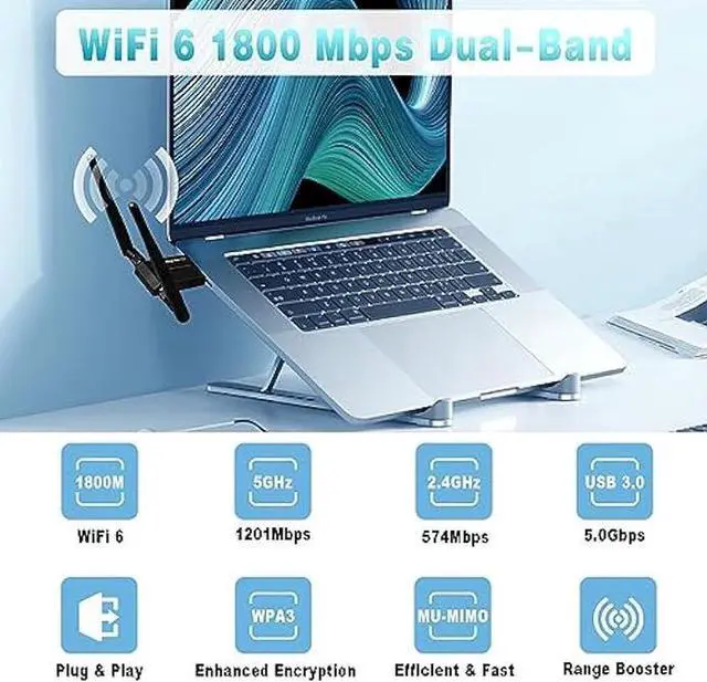 Alt view image 2 of 4 - WiFi Adapter for Desktop PC - WiFi 6 1800Mbps USB 3.0 Wireless Network Adapter - 2.4G/5G Dual Band WiFi Dongle for Laptop MU-MIMO OFDMA WPA3 Dual 5dBi Antennas Plug & Play Supports Windows 11/10