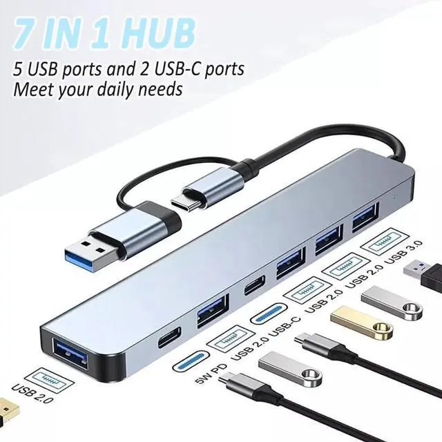 Alt view image 3 of 4 - Aluminum 7 in 1 USB Hub USB C Hub with USB 3.0, Multiport USB Splitter Adapter with 5 USB & 2 USBC Ports for MacBook, ipad, Laptop, PS4, Flash Drive, HDD, Xbox, Printer, Mouse, Keyboard, HP