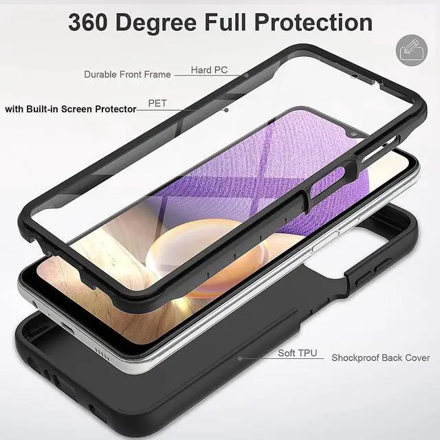 Alt view image 3 of 4 - V/A for Samsung Galaxy A32 5G Case with Built-in Screen Protector, Full Body Protection Shockproof Cover Case, [Rugged PC Front Bumper + Soft TPU Back Cover] Armor Protective Phone Case (Black)