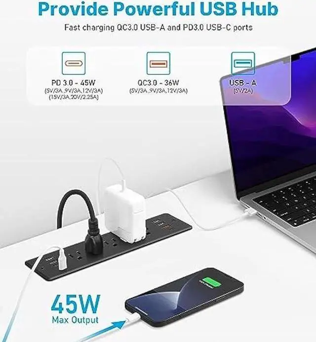 Alt view image 3 of 4 - CCCEI Recessed Power Strip Surge Protector with 5 Outlets, USB Hub 3.0 USB-A and 45W USB-C Ports, Built in Furniture Desk Hidden Outlet, with 6 FT 45 Degree Flat Plug Extension Cord.