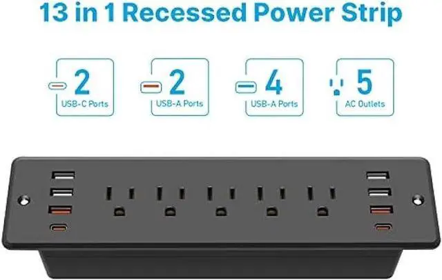 Alt view image 4 of 4 - CCCEI Recessed Power Strip Surge Protector with 5 Outlets, USB Hub 3.0 USB-A and 45W USB-C Ports, Built in Furniture Desk Hidden Outlet, with 6 FT 45 Degree Flat Plug Extension Cord.