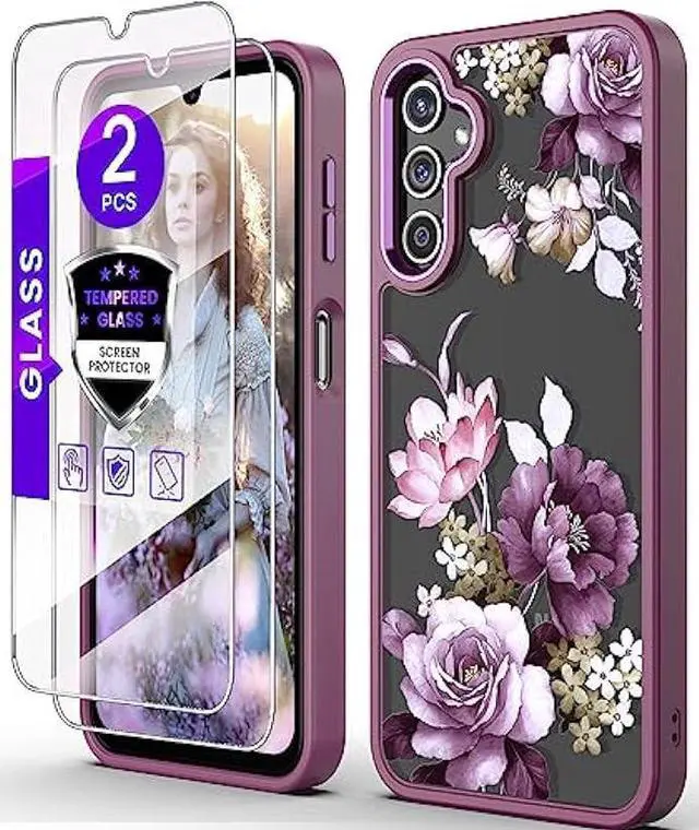 Main image of DagoRoo for Samsung Galaxy A14 5G Case with Tempered Glass Screen Protector [2 Pack],[Military Grade Protective] Slim Soft TPU & Hard PC,Girls Women Crystal Clear Flower Pattern Cases (JD-Purple)
