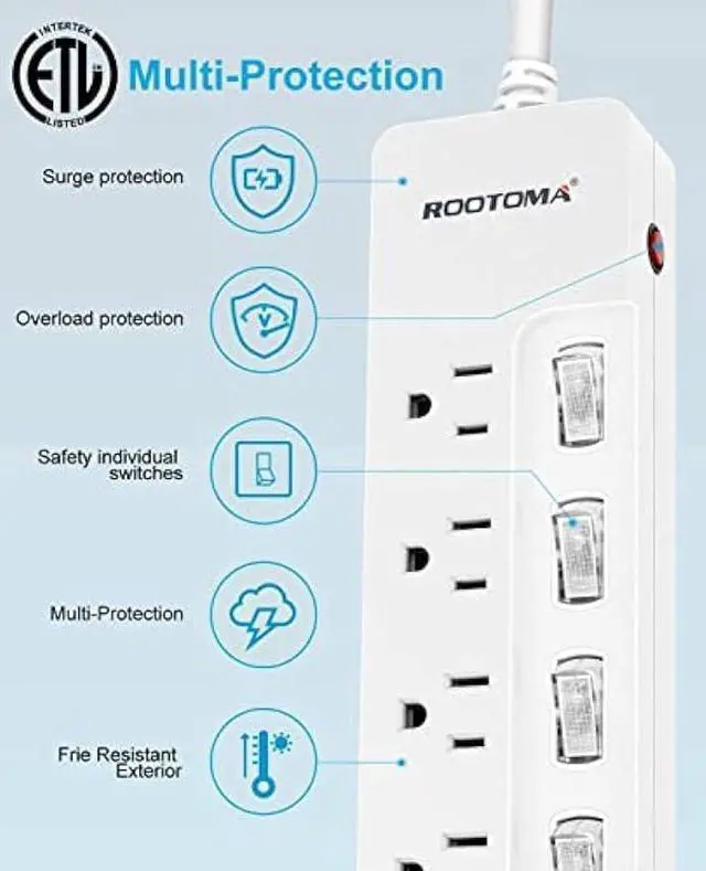 Alt view image 2 of 4 - Surge Protector Power Strip,Wall Mountable Power Strip, Flat Extension Cord 10ft, Individual Switches Electrical Outlet, for Office Accessories, College Dorm Room Essentials, ETL Listed, White