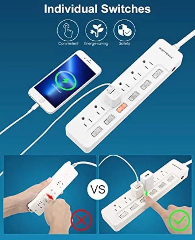 Alt view image 3 of 4 - Surge Protector Power Strip,Wall Mountable Power Strip, Flat Extension Cord 10ft, Individual Switches Electrical Outlet, for Office Accessories, College Dorm Room Essentials, ETL Listed, White