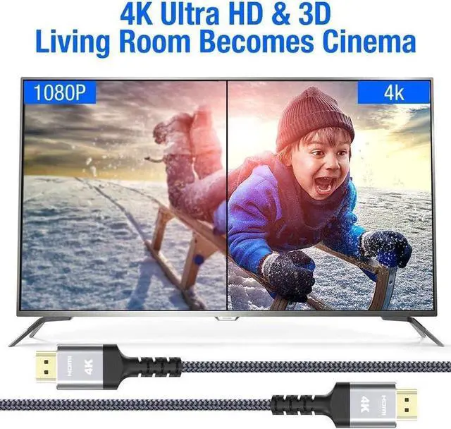 Alt view image 4 of 4 - Highwings 4K HDMI Cable 20FT, 4K HDR High Speed 18Gbps Braided Nylon HDMI to HDMI Cord, HDCP 2.2,ARC,Video 4K UHD 2160p,HD 1080p,3D-for Laptop,Game Monitor,PS3,PS4,Blu-ray,Netflix Projector ect