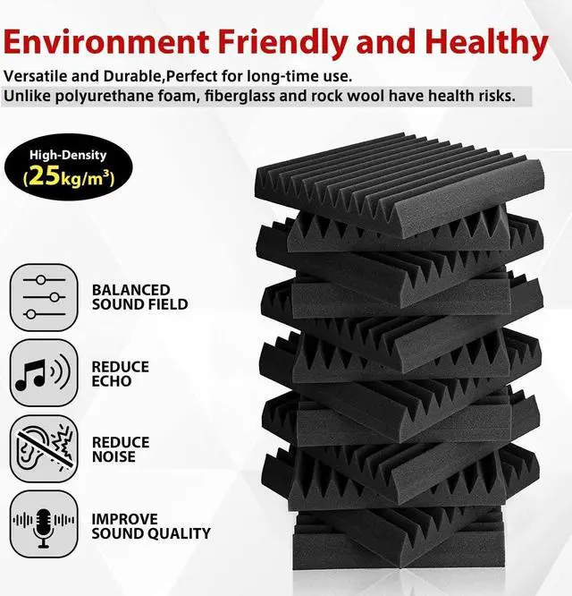Alt view image 5 of 7 - FONESO Acoustic Panels High Density Soundproof Foam Panels for Walls, Sound Absorbing Panels, Acoustic Foam Panels Fire Resistant for Studio Recording 1"x12"x12" (12Pack), Black