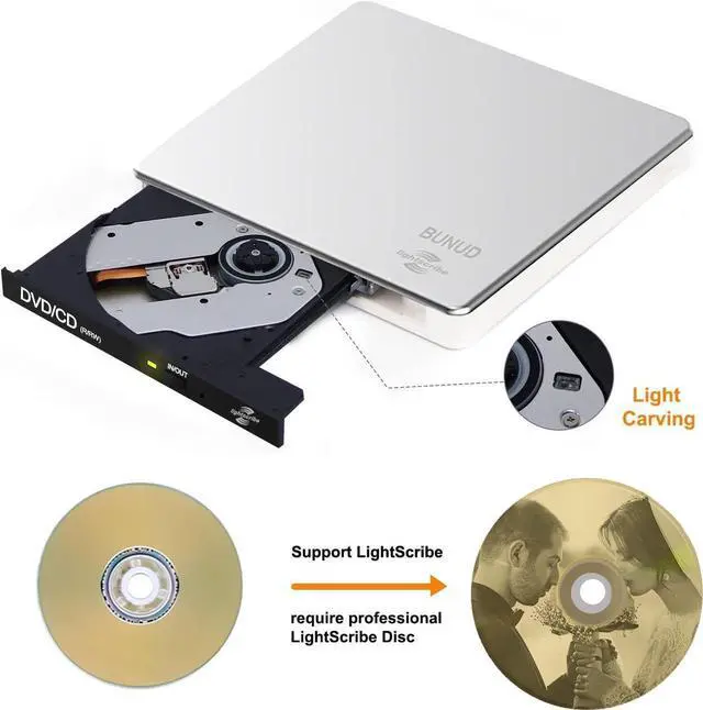 Alt view image 2 of 7 - External CD DVD Drive LightScribe CD/DVD +/-RW Burner Player Writer Optical Disk Reader Portable CD DVD Drive for Laptop Mac MacBook PC Windows 11 10 Linux OS