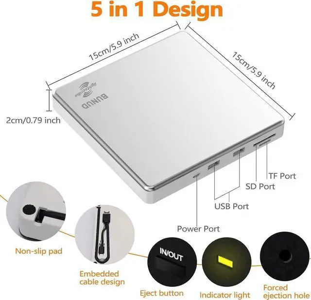 Alt view image 3 of 7 - External CD DVD Drive LightScribe CD/DVD +/-RW Burner Player Writer Optical Disk Reader Portable CD DVD Drive for Laptop Mac MacBook PC Windows 11 10 Linux OS
