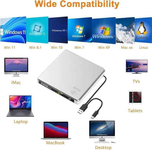 Alt view image 7 of 7 - External CD DVD Drive LightScribe CD/DVD +/-RW Burner Player Writer Optical Disk Reader Portable CD DVD Drive for Laptop Mac MacBook PC Windows 11 10 Linux OS