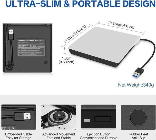 Alt view image 6 of 7 - External CD/DVD Drive for Laptop, USB 3.0 Ultra-Slim Portable Burner Writer Compatible with Mac MacBook Pro/Air iMac Desktop Windows 7/8/10/XP/Vista (White)