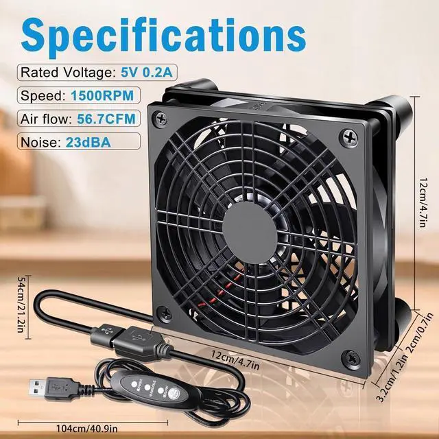 Alt view image 3 of 6 - 120mm 5V Quiet USB Powered Computer Cooling Fan with Multi-Speed Controller for Router Modem Xbox TV Box DVR Playstation Receiver and Other Electronics Cooler