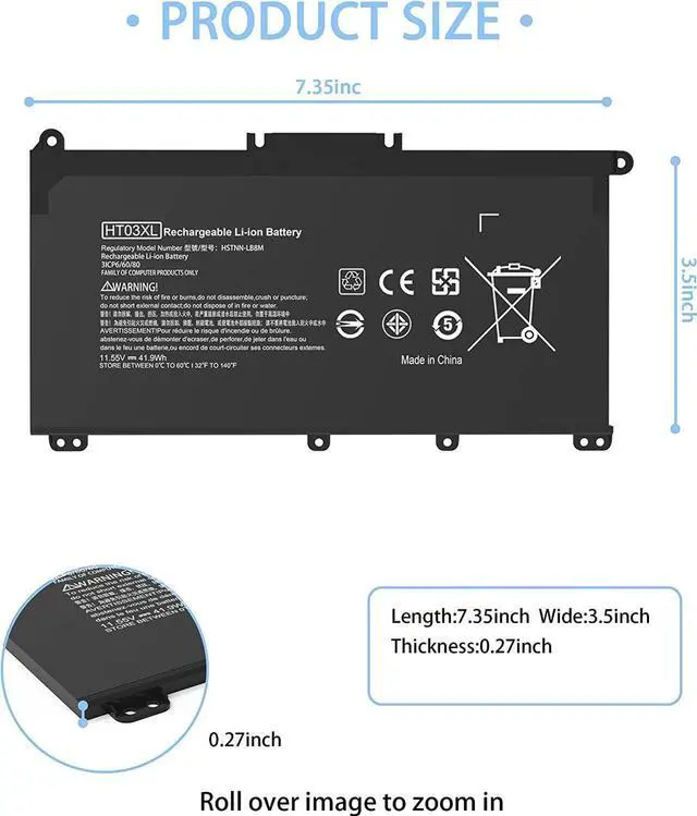 Alt view image 3 of 6 - HT03XL Battery for HP Laptop Battery L11119-855 HP Battery for HP Pavilion 15-DA 15-DB 15-DW 15-CS 15-DY 17-by 17-CA 14-CE 14-CF 14-DF 14-DQ 14-DK Series 15-CS0053CL 15-DA0014DX HSTNN-UB7J HT03041XL