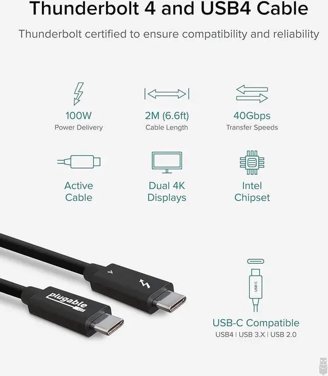 Alt view image 2 of 5 - Plugable Thunderbolt 4 Cable [Thunderbolt Certified] 6.6ft USB4 Cable with 100W Charging, Single 8K or Dual 4K Displays, 40Gbps Data Transfer, Compatible with Thunderbolt, USB4, USB-C - Driverless