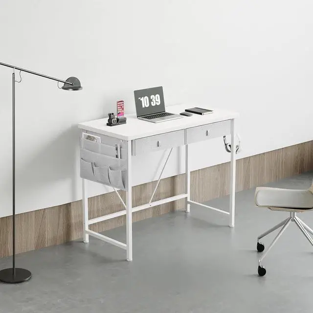 Alt view image 5 of 6 - Small Desk with Drawers, 31.5 inch Small Computer Desk with Drawers, Writing Desk with Drawers for Small Spaces, Compact Desk for Small Spaces, Metal Frame for PC Laptop, White