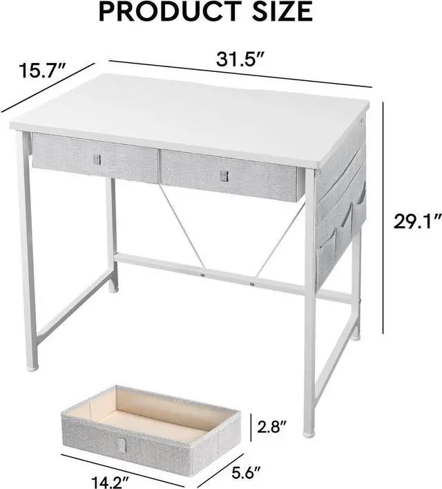 Alt view image 6 of 6 - Small Desk with Drawers, 31.5 inch Small Computer Desk with Drawers, Writing Desk with Drawers for Small Spaces, Compact Desk for Small Spaces, Metal Frame for PC Laptop, White