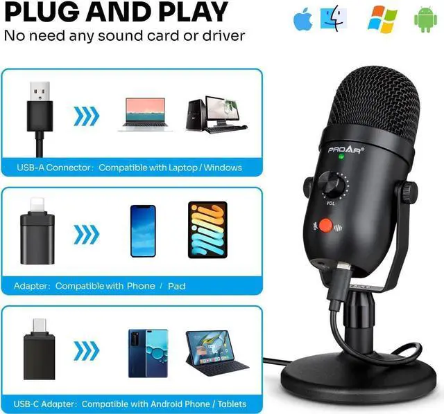 Alt view image 2 of 7 - Podcast Microphone for Phone/Pad/PS4,Condenser Recording USB Microphone for Computer,Metal PC Microphone for Gaming,ASMR,YouTube,Streaming Mic Kit with Noise Cancelling for Laptop MAC or Windows