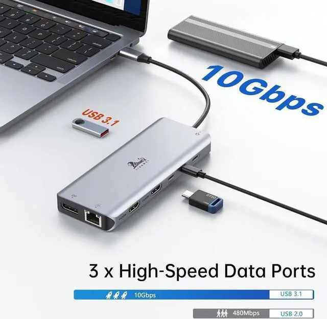 Alt view image 4 of 7 - USB C Laptop Docking Station 3 Monitors, 13 in 1 USB C Hub with Dual HDMI+DisplayPort+10Gbps USB A/C, 100W PD, 6 USB, Ethernet, SD/TF, Audio, USB C Dock with iPhone 15/Mac/Dell/HP/Surface/Steam Deck