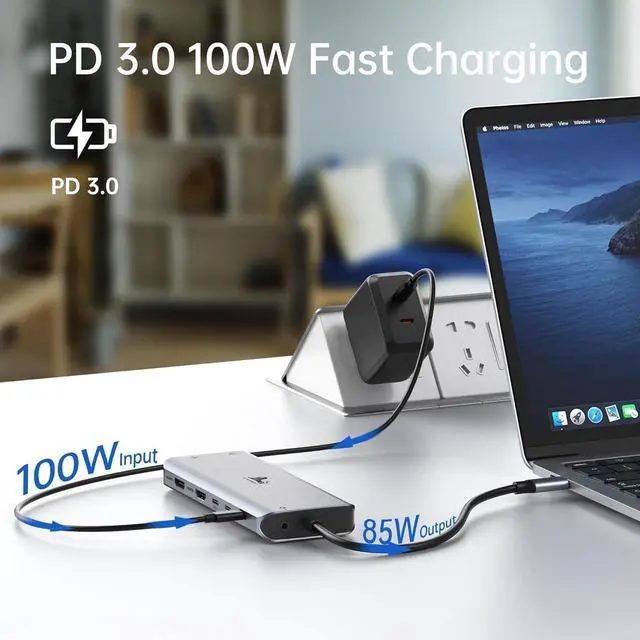Alt view image 5 of 7 - USB C Laptop Docking Station 3 Monitors, 13 in 1 USB C Hub with Dual HDMI+DisplayPort+10Gbps USB A/C, 100W PD, 6 USB, Ethernet, SD/TF, Audio, USB C Dock with iPhone 15/Mac/Dell/HP/Surface/Steam Deck