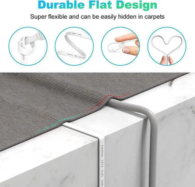 Alt view image 7 of 7 - Ethernet Cable 100 ft, High Speed Cat 6e/Cat 6 Long Ethernet Cable with Snagless Rj45 Connector, High Speed Patch Cord Than Cat5e/Cat5, Flat White Shielded LAN Cable for Modem