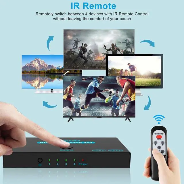Alt view image 4 of 6 - SGEYR HDMI 2.0 Switch 4 Port, HDMI Switch Splitter 4 in 1 Out, Metal HDMI Switcher 4K with IR Remote, Support HDCP 2.2 Support 4K@60Hz Ultra HD 3D 2160P 1080P, Compatible for PS3/PS4,Xbox