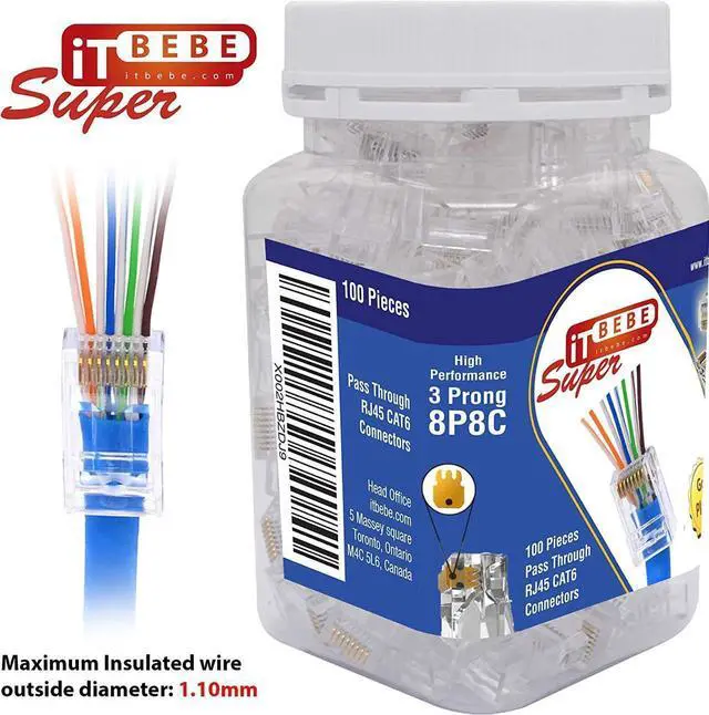 Alt view image 3 of 5 - ITBEBE 100-Pack RJ45 Cat6 Pass Through Connectors High Performance Cat6 Connector (RJ45 Connectors/Ethernet Connector / Cat6 Connectors / 8P8C / Cat 6 Ends / RJ45 Ends) for 24 AWG Ethernet Cable