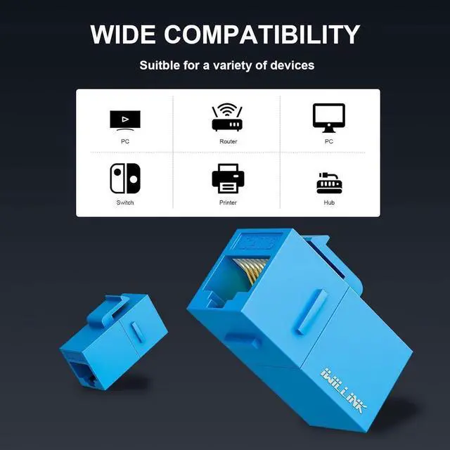 Main image of iwillink RJ45 Cat6 Keystone Coupler 10-Pack, Female to Female Cat6 Keystone Jack, UTP Keystone Coupler Insert, Blue