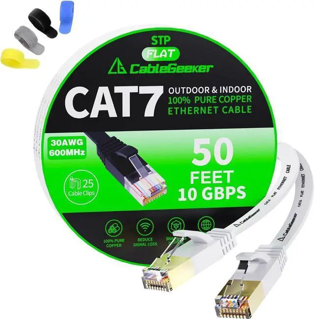 Main image of Cat 7 Shielded Ethernet Patch Cable 50 ft White (Highest Speed Cable) Cat7 Flat Internet Network Cable with Snagless RJ45 Connector for Modem, Router, LAN, Computer + Free Cable Clips and Straps