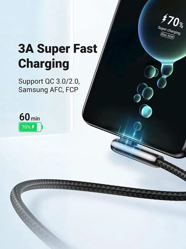 Alt view image 3 of 7 - UGREEN USB C Cable 90 Degree Right Angle USB A to Type C Fast Charging Braided Cord Compatible with iPad Mini 6 Air 4 Samsung Galaxy S21 Note 20 Z Flip Z Fold LG V60 Moto Z Z3 Nintendo Switch 6FT