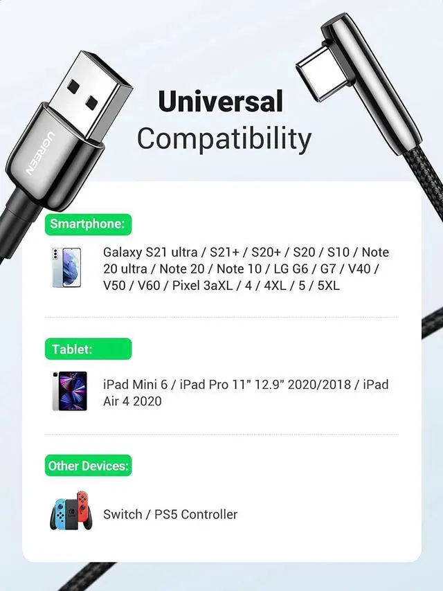 Alt view image 5 of 7 - UGREEN USB C Cable 90 Degree Right Angle USB A to Type C Fast Charging Braided Cord Compatible with iPad Mini 6 Air 4 Samsung Galaxy S21 Note 20 Z Flip Z Fold LG V60 Moto Z Z3 Nintendo Switch 6FT