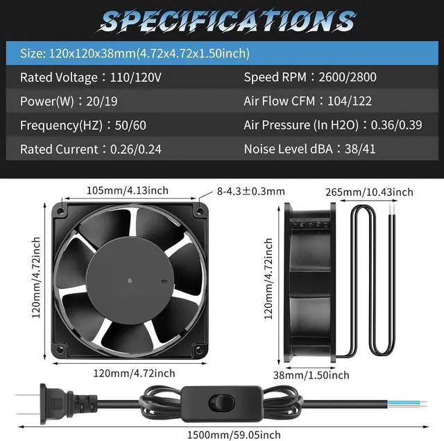 Alt view image 6 of 7 - AC Axial 110V 120V 120mm x 38mm Dual Ball Big Airflow Fan for DIY Ventilation Exhaust, Chicken Coop, Kitchen, Window Exhaust, Greenhouse, Small Box Cooling