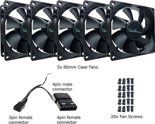 Alt view image 4 of 4 - Apevia AF58S-BK 80mm 4pin Molex + 3pin Motherboard Silent Black Case Fan - Connect to Power Supply or Motherboard (5-pk)