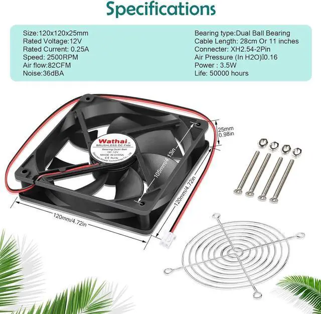 Alt view image 5 of 6 - Wathai 120mm x 25mm 12V DC Brushless Cooling Fan Dual Ball High Speed 2Pin for Computer Case Cooler