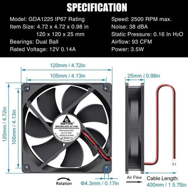 Alt view image 7 of 7 - GDSTIME 120mm x 25mm 12V DC IP67 Waterproof Fan High Speed Dual Ball Bearing Brushless Computer PC Case Cooling Fans 2-Pin for RV Fridge Fume Extractor Battery Box Outdoor Cabinet Small Greenhouse