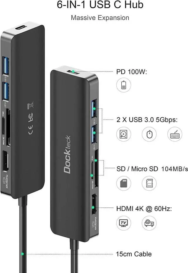Alt view image 7 of 7 - USB C Hub HDMI PD Adapter for MacBook Air/Pro, Surface Pro 7/8, XPS and More, Dockteck 6-in-1 Type C Hub with 4K 60Hz, 100W PD, SD & microSD Card Reader, 2 USB 3.0 Data 5Gbps