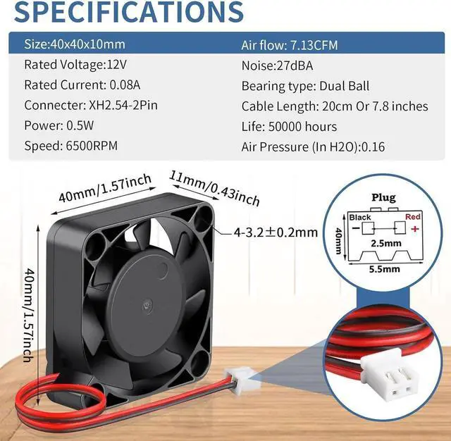 Alt view image 2 of 6 - Wathai 40mm x 10mm DC 12 Volt Brushless Cooling Fan 12V Dual Ball Replacement Fans for DIY 3D Printer, Amplifier, Computer, Devices, Battery Chargers, Raspberry pi, Laptops, and DVR Cooling 2Pack