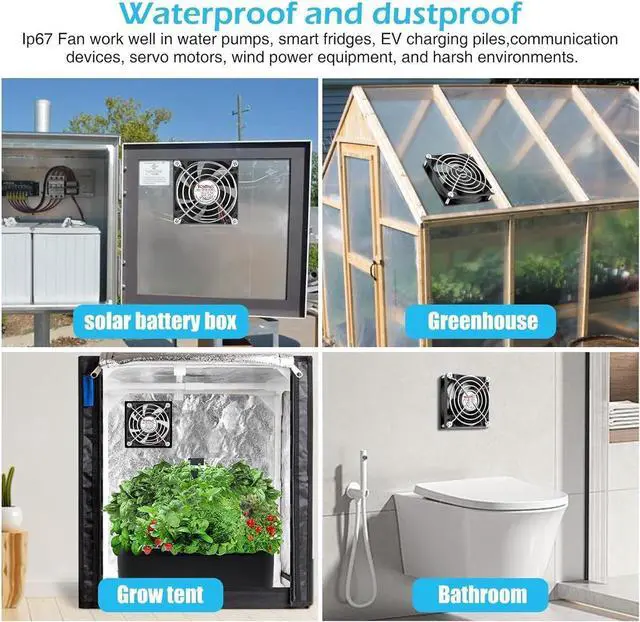 Alt view image 2 of 6 - Wathai 120mm x 38mm 12V Waterproof Exhaust Fan Dual Ball High Preformance for Greenhouse, Van, Humid Environments, Outdoor Enclosures or DIY Cooling Ventilation Projects IP67