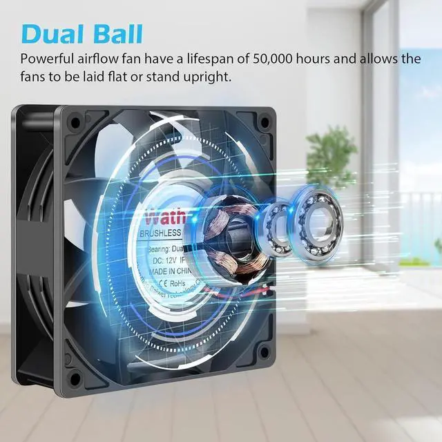 Alt view image 3 of 6 - Wathai 120mm x 38mm 12V Waterproof Exhaust Fan Dual Ball High Preformance for Greenhouse, Van, Humid Environments, Outdoor Enclosures or DIY Cooling Ventilation Projects IP67