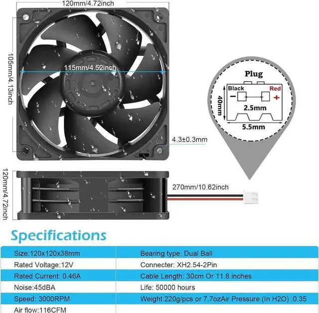 Alt view image 6 of 6 - Wathai 120mm x 38mm 12V Waterproof Exhaust Fan Dual Ball High Preformance for Greenhouse, Van, Humid Environments, Outdoor Enclosures or DIY Cooling Ventilation Projects IP67