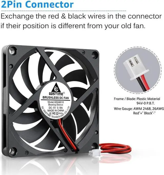 Alt view image 5 of 7 - Gdstime 80mm x 80mm x 10mm DC 5V Brushless Cooling Fan 2PIN